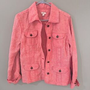 J Jill Linen Shirt Jacket Shacket S Red Button Front Long Sleeve Cropped Pockets